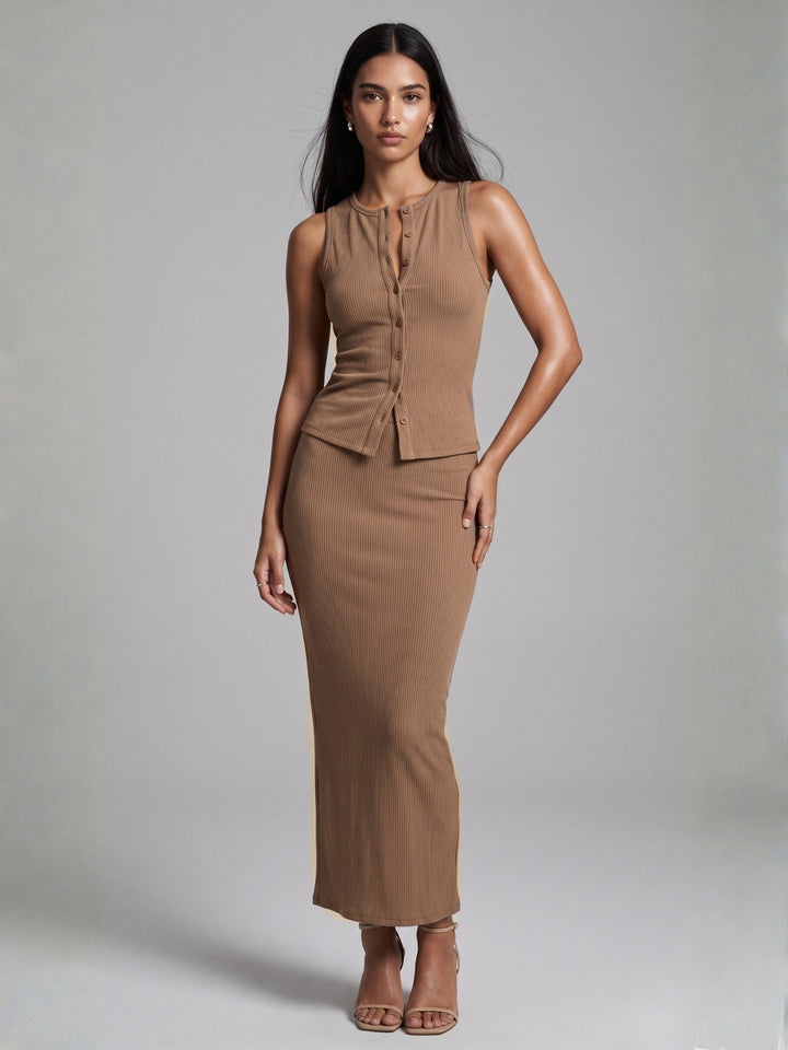 Khaki Sleeveless Top And Skirt Set