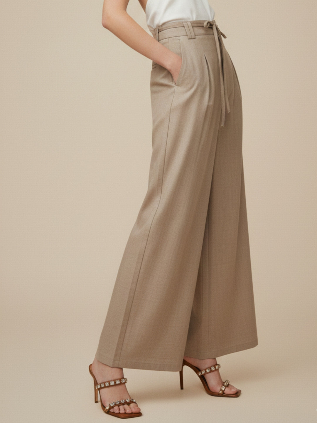 Beige High Waist Front Pleated Pant