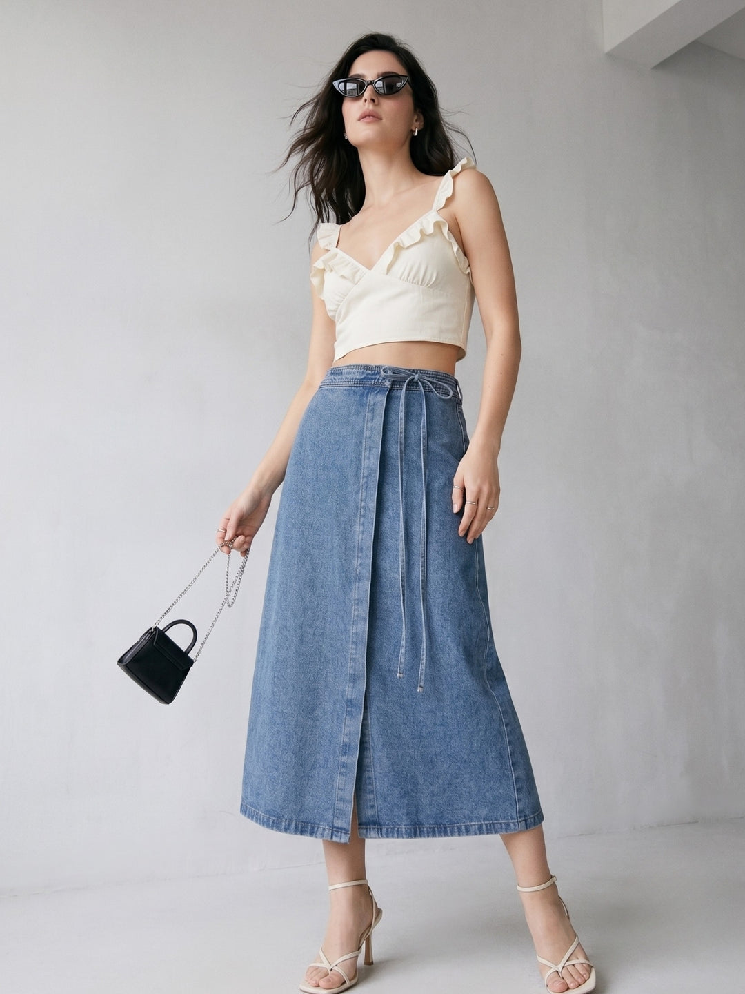 Blue Wrap Midi Denim Skirt With Waist Tie Up Detail
