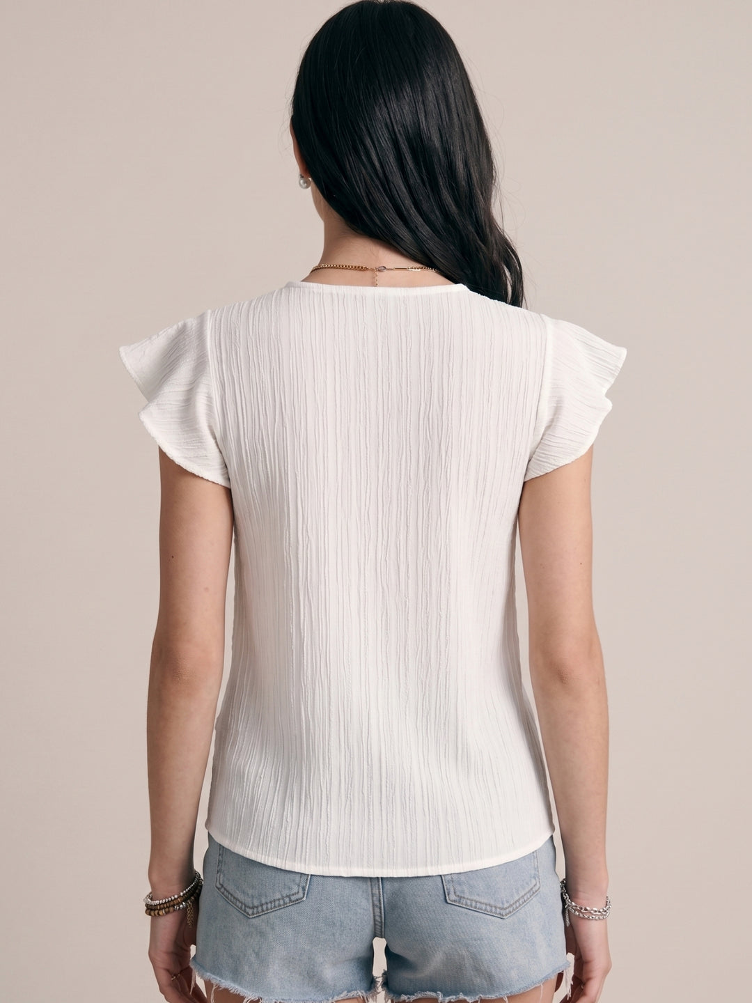 White V Neck Flutter Sleeve Top With Crochet Seam