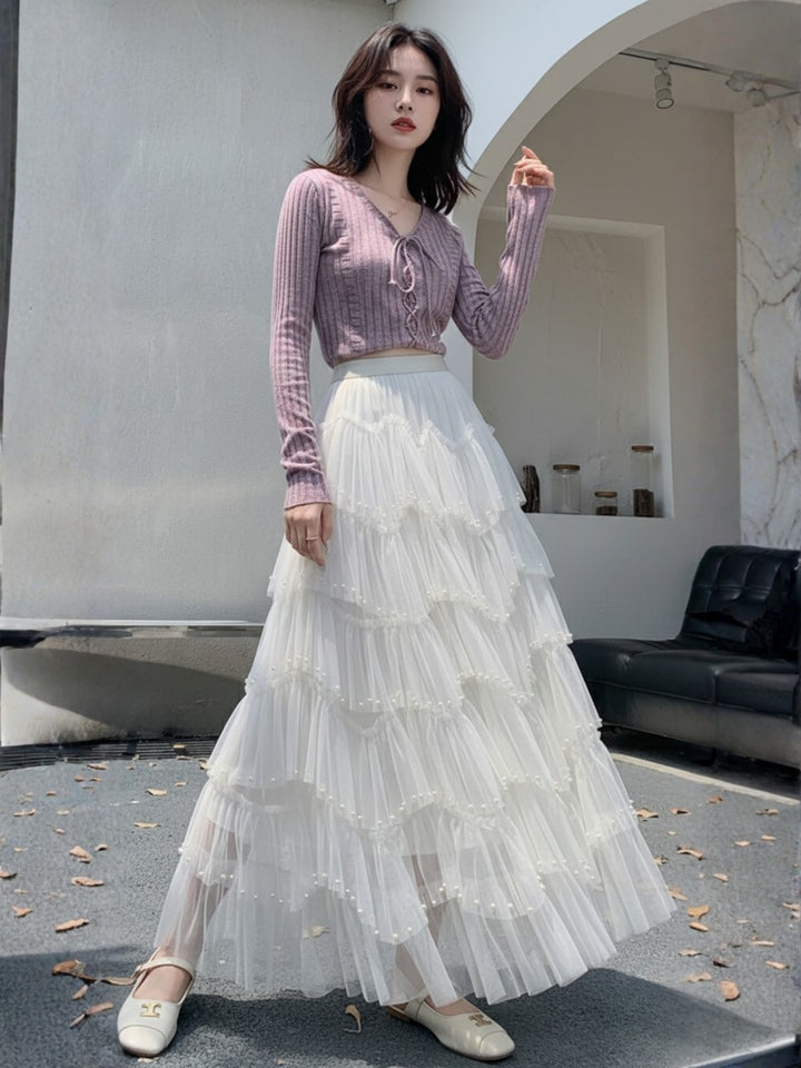 White Sheer Multi Ruffled Hem Tiered Skirt