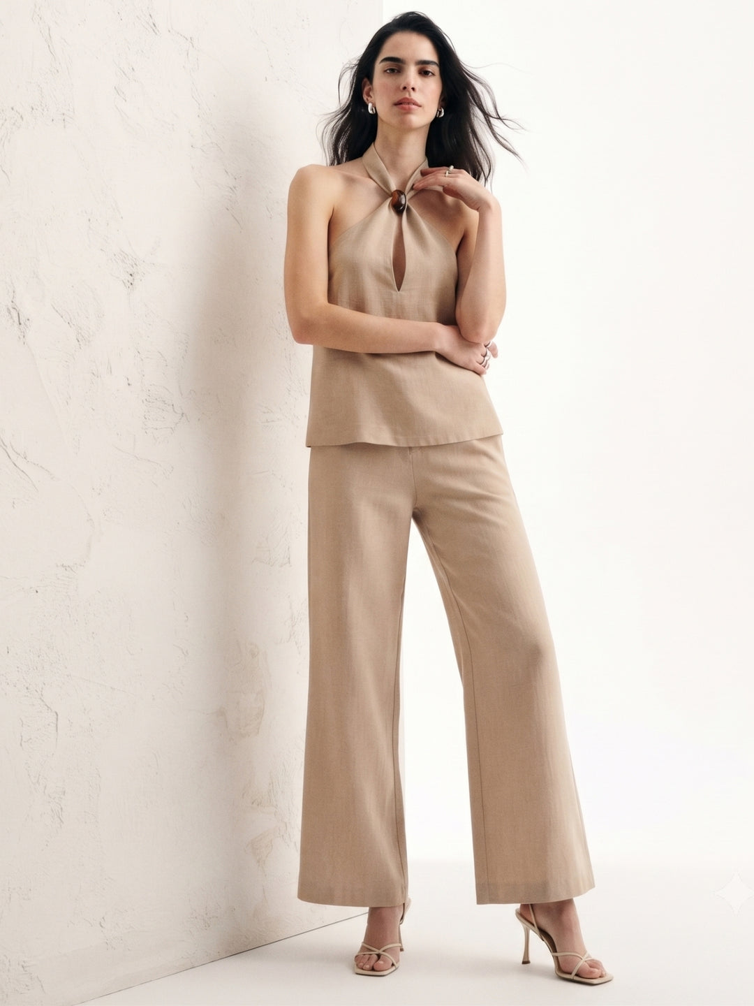 Beige Cross-Halter Neck Top And Pant Set