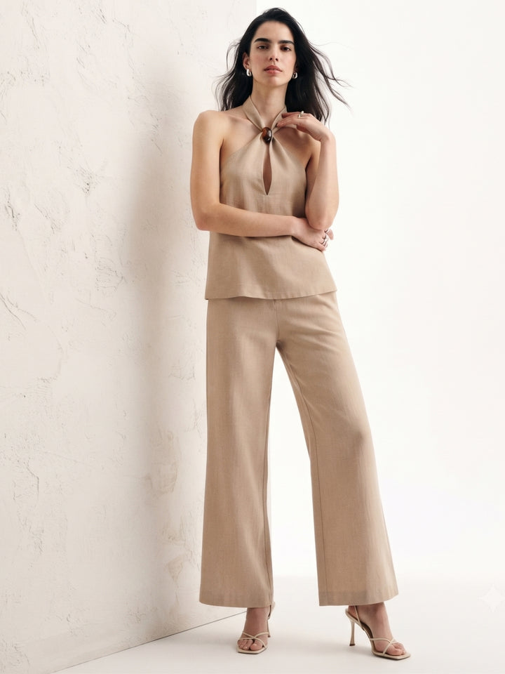 Beige Cross-Halter Neck Top And Pant Set