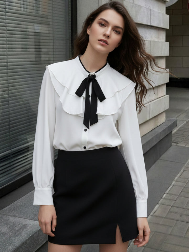 White Contrast Detailed Peter Pan Collared Shirt