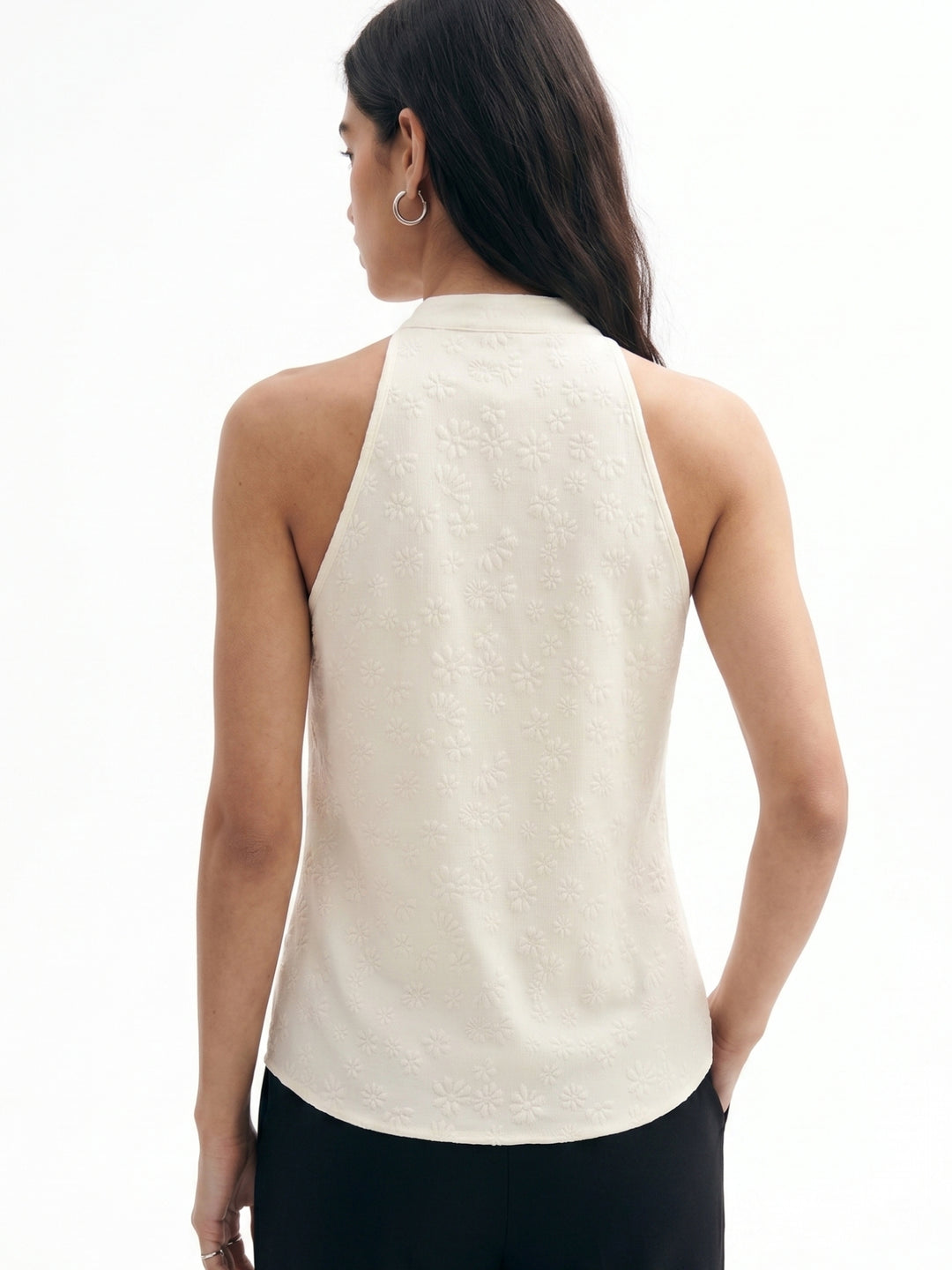 Off White Embroidered Front Buttoned Semi Sheer Top