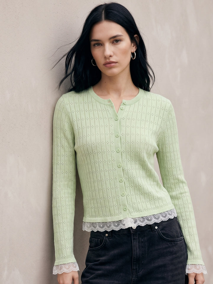 Mint Button Down Top With Lace Inserts At Hem And Sleeves