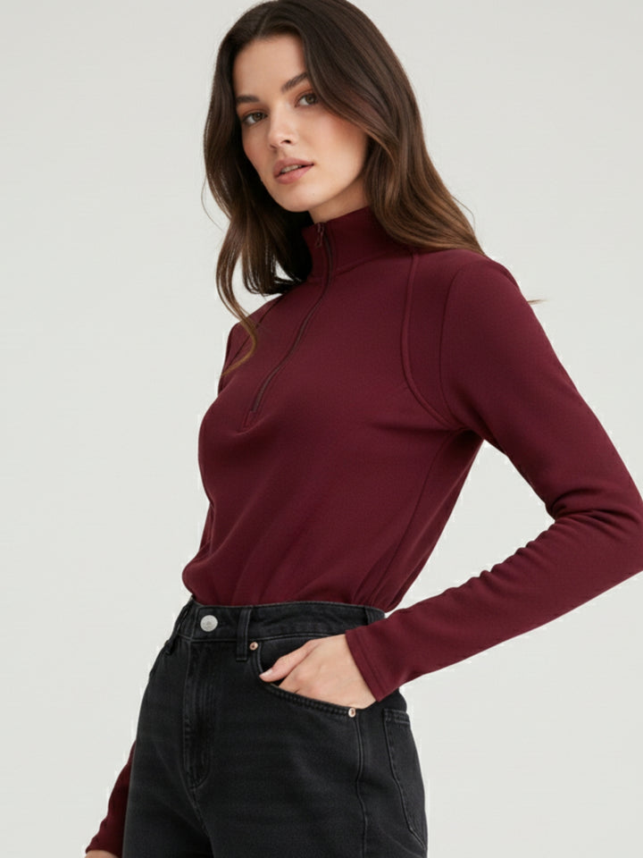 Burgundy Full Sleeves Half Zip Sweatshirt