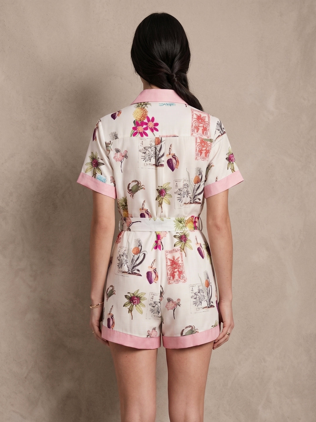 White Printed Collared Neck Waist Tie-Up Jumpsuits