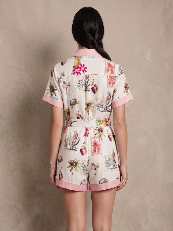 White Printed Collared Neck Waist Tie-Up Jumpsuits