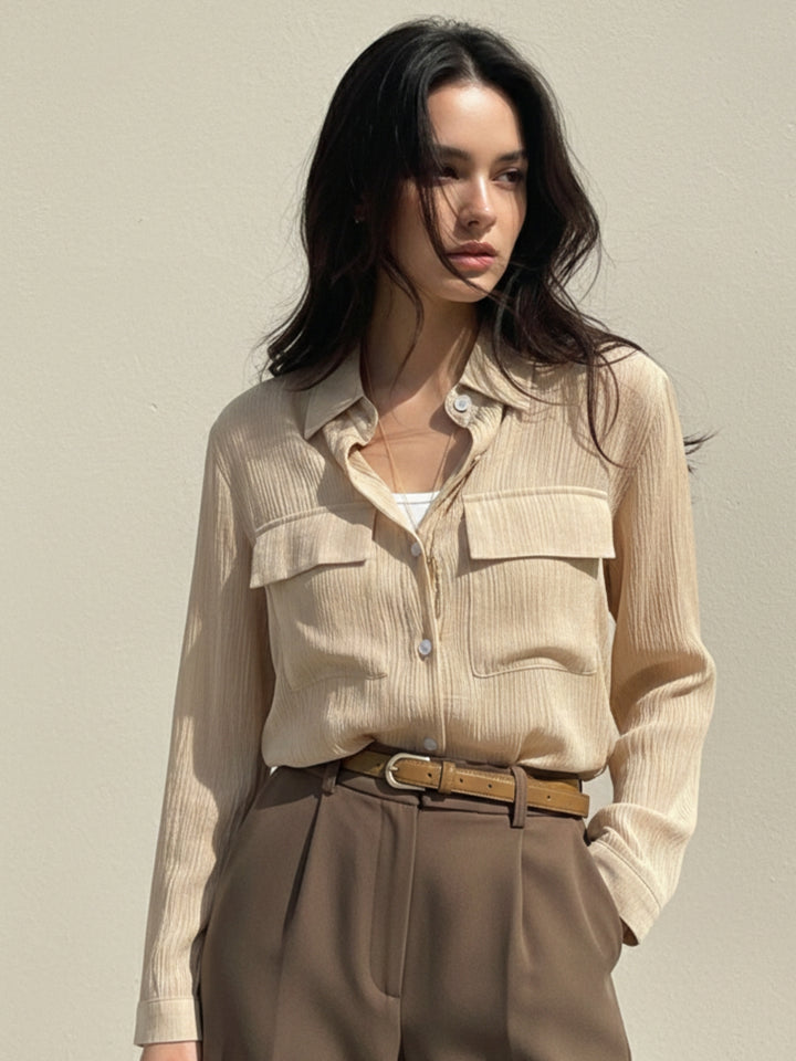 Beige Textured Double Pocket Shirt