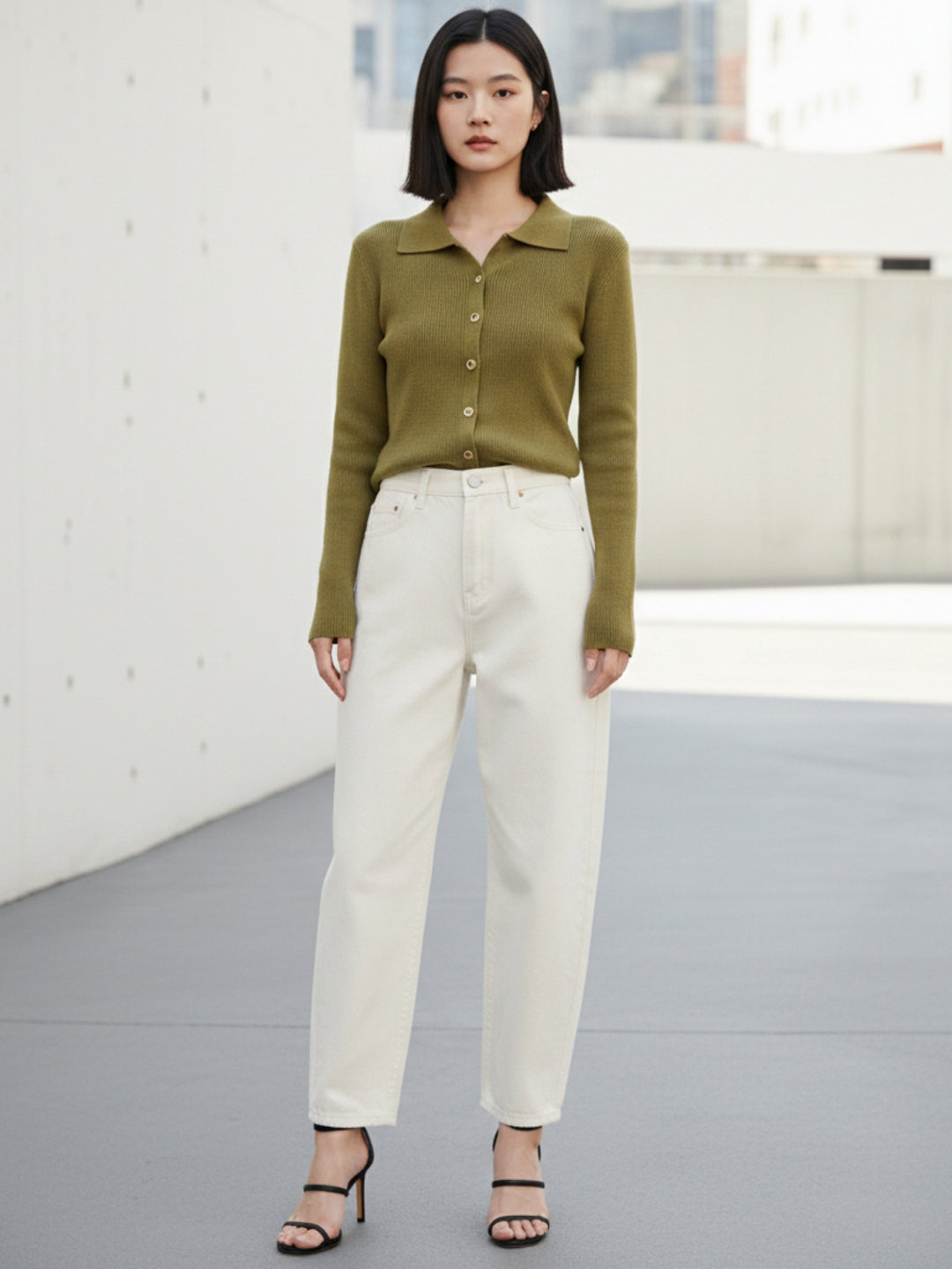 Olive Full Sleeve Collared Buttoned Top