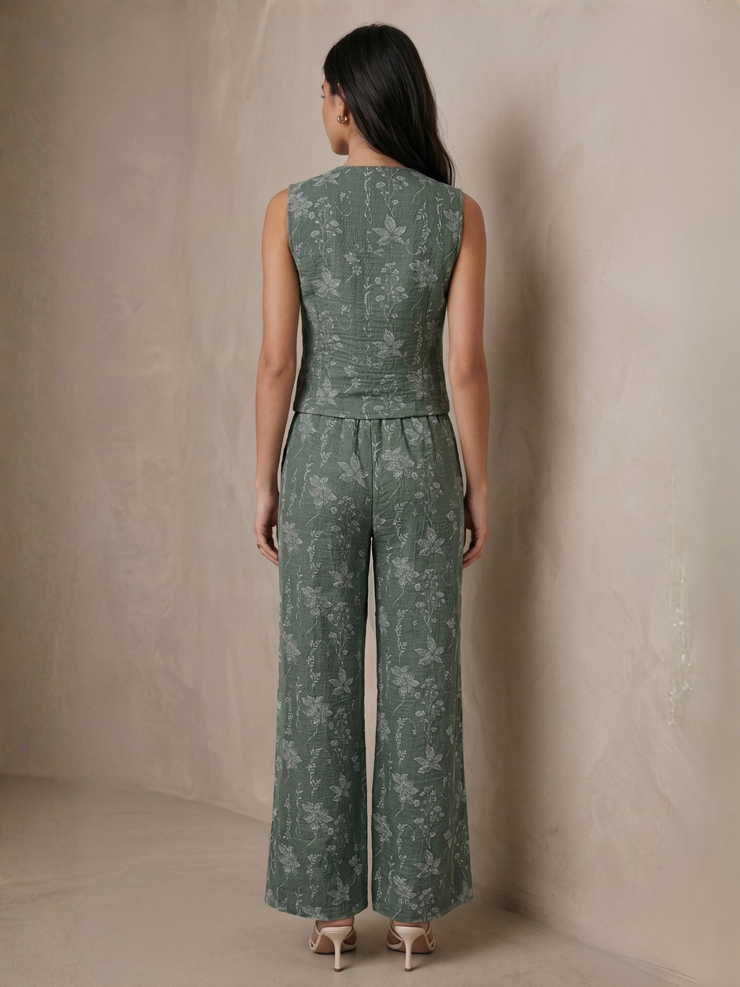 Green V Neck Vest Printed Lace Inserts Top With Trousers Co-Ord Set