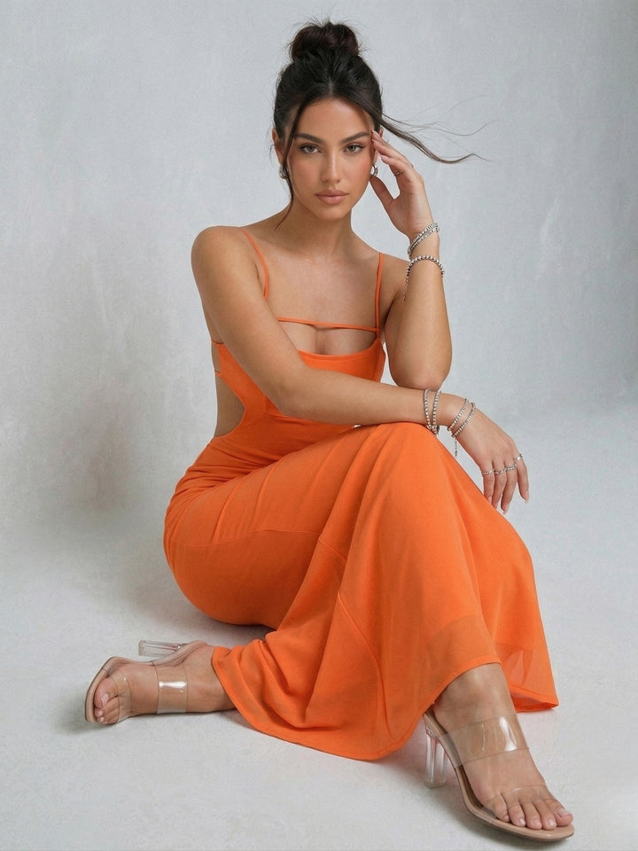 Orange Open Back Cut-Out Mesh Dress