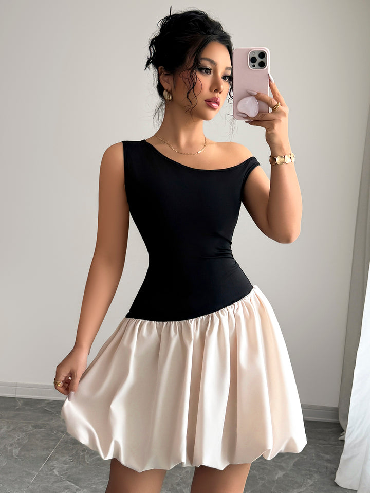 Black One Shoulder Colour Block Dress