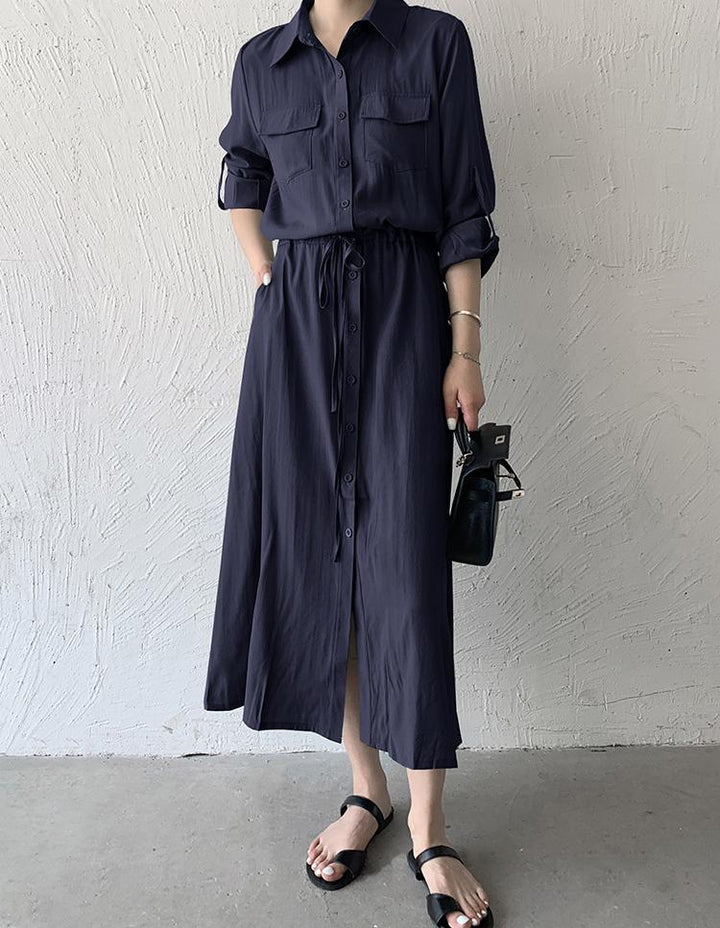 Navy Blue Three- Fourth Sleeve Collared Neck Dress