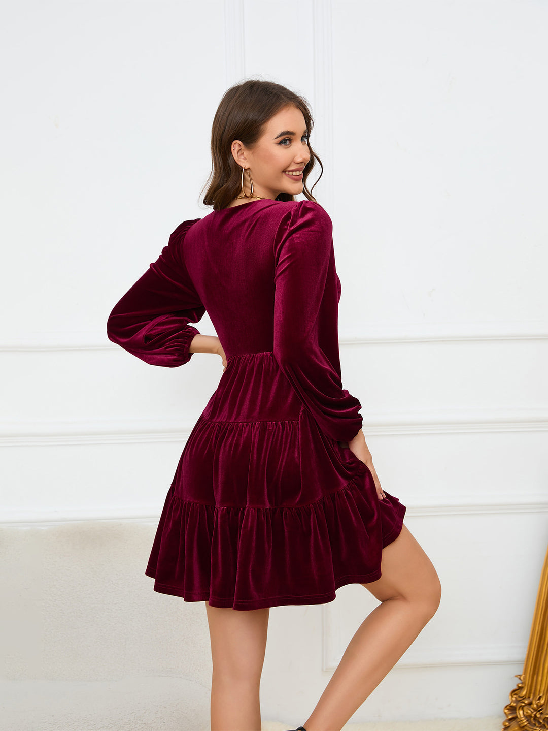 Wine Plunge Neckline Skater Dress