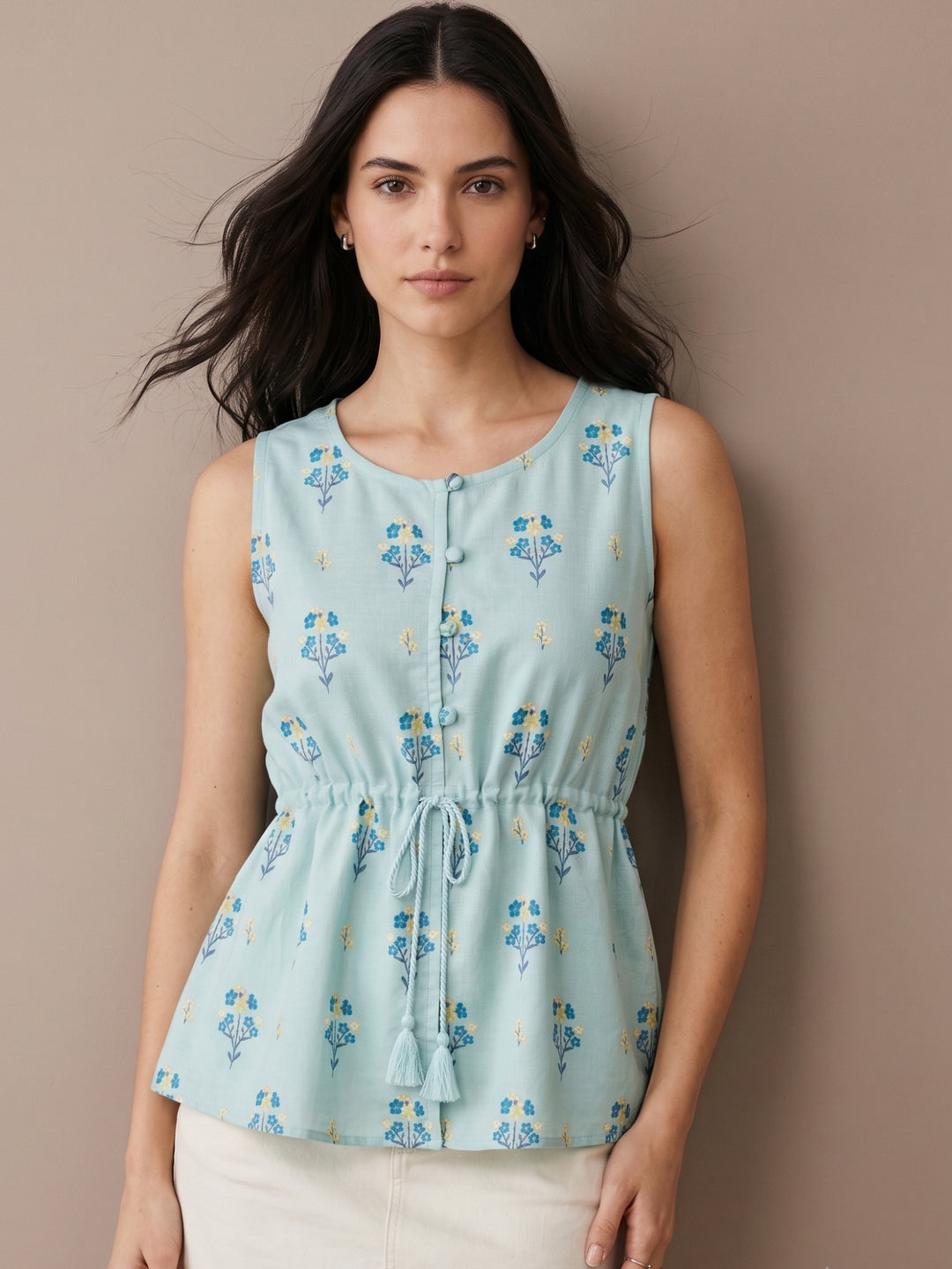 Blue Printed Peplum Top With Waist Drawstring Detail