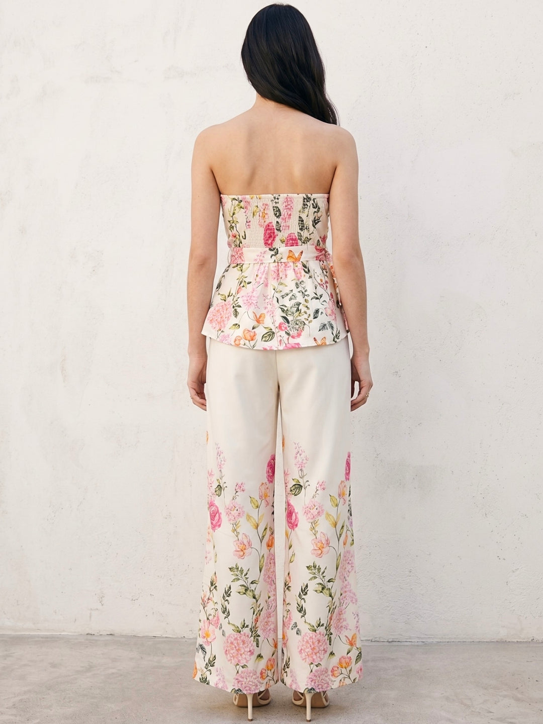 Off White Floral Printed Off Shoulder  Co-Ord Set With Belt