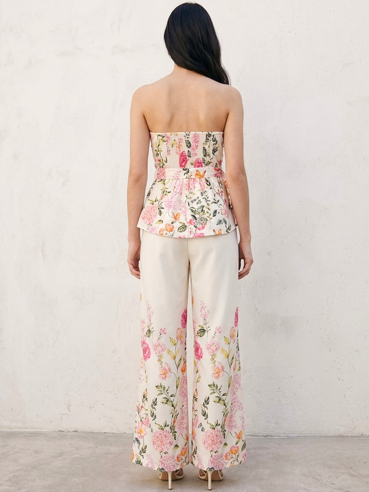 Off White Floral Printed Off Shoulder  Co-Ord Set With Belt