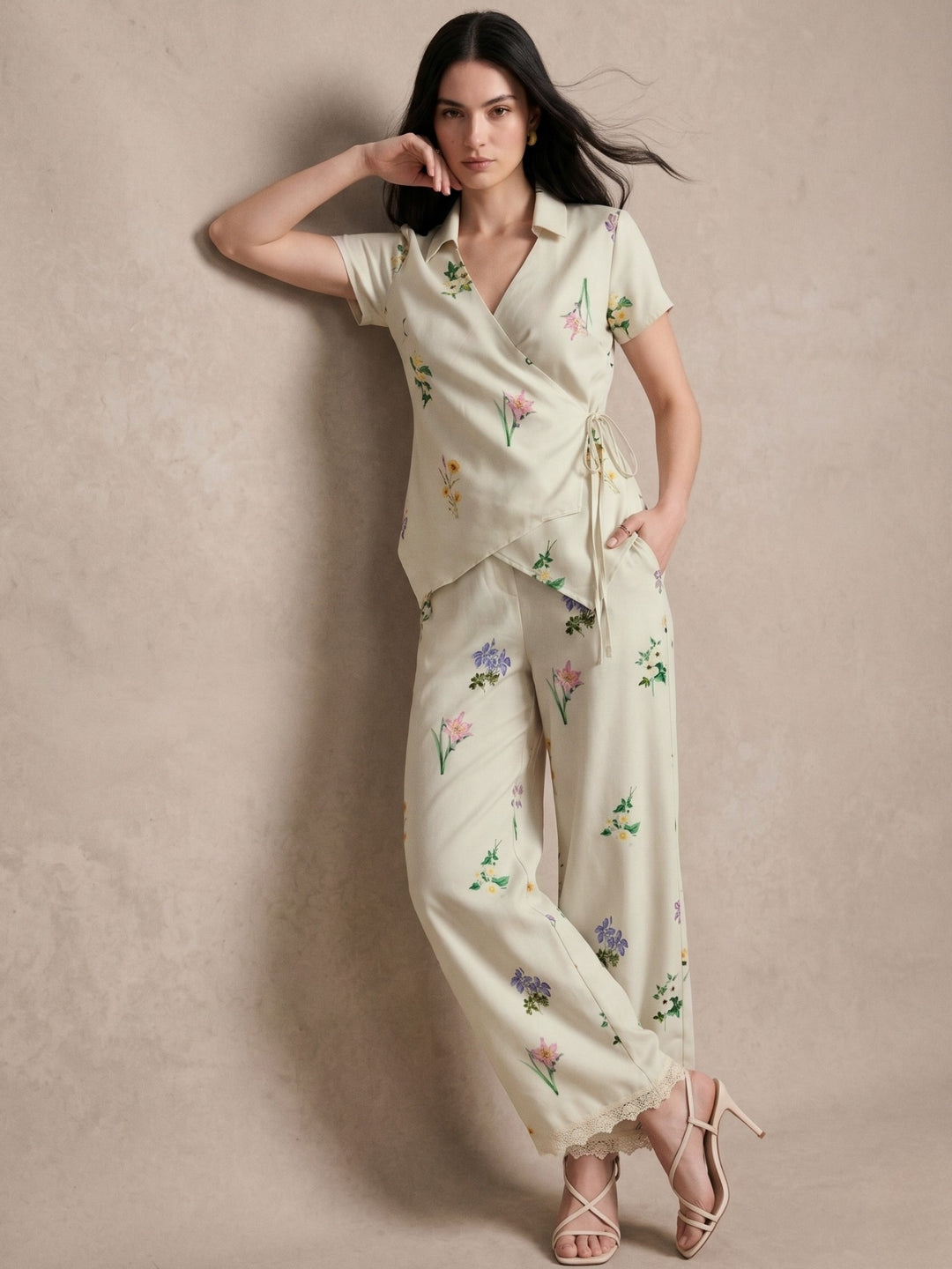 White Printed Wrap Top Co-ord And Wide Leg Trouser With Lace Trim