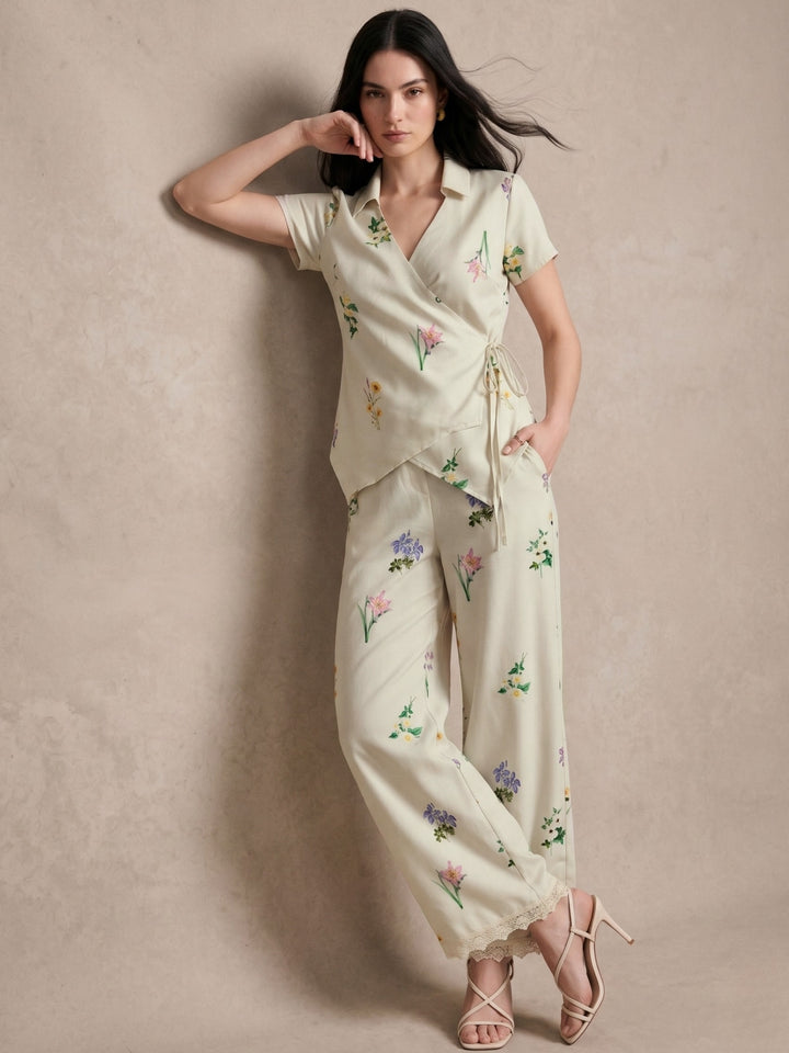 White Printed Wrap Top Co-ord And Wide Leg Trouser With Lace Trim