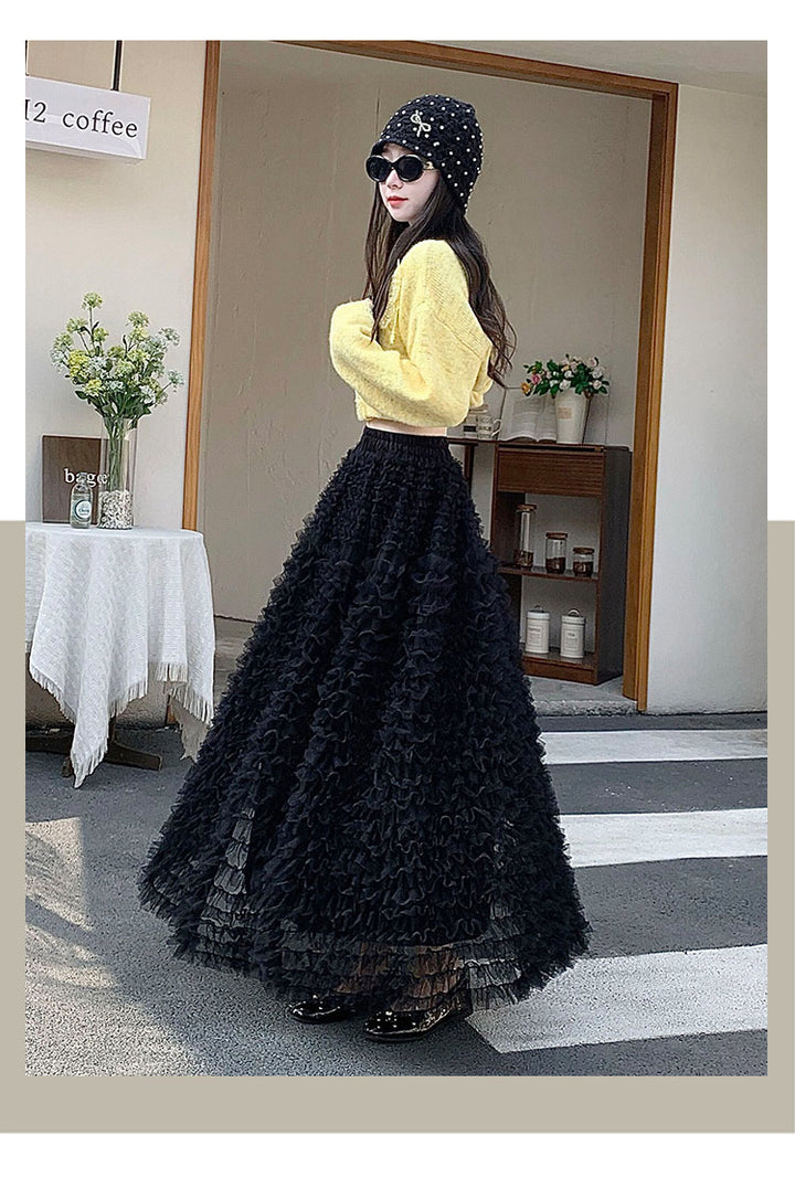 Black Textured A-Line Long Skirt