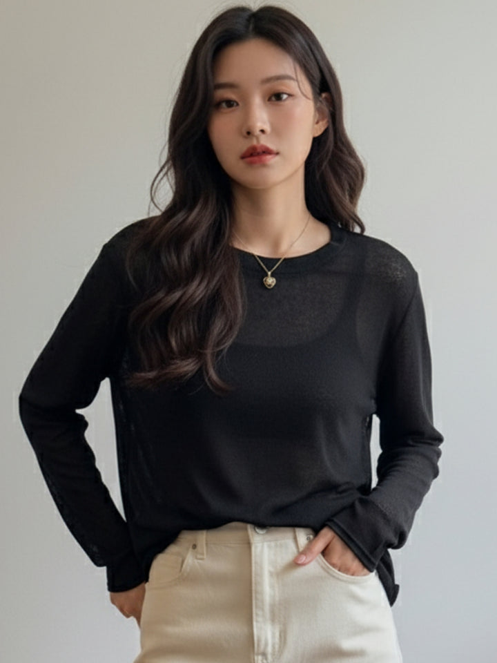 Black Crew Neck Full Sleeve Fine Knit Top