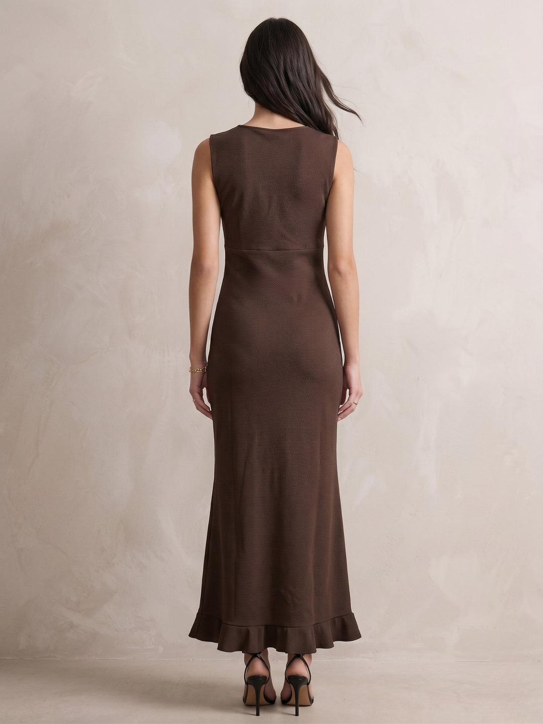 Brown Textured Asymmetric Hem Maxi Dress