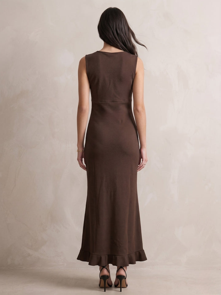 Brown Textured Asymmetric Hem Maxi Dress