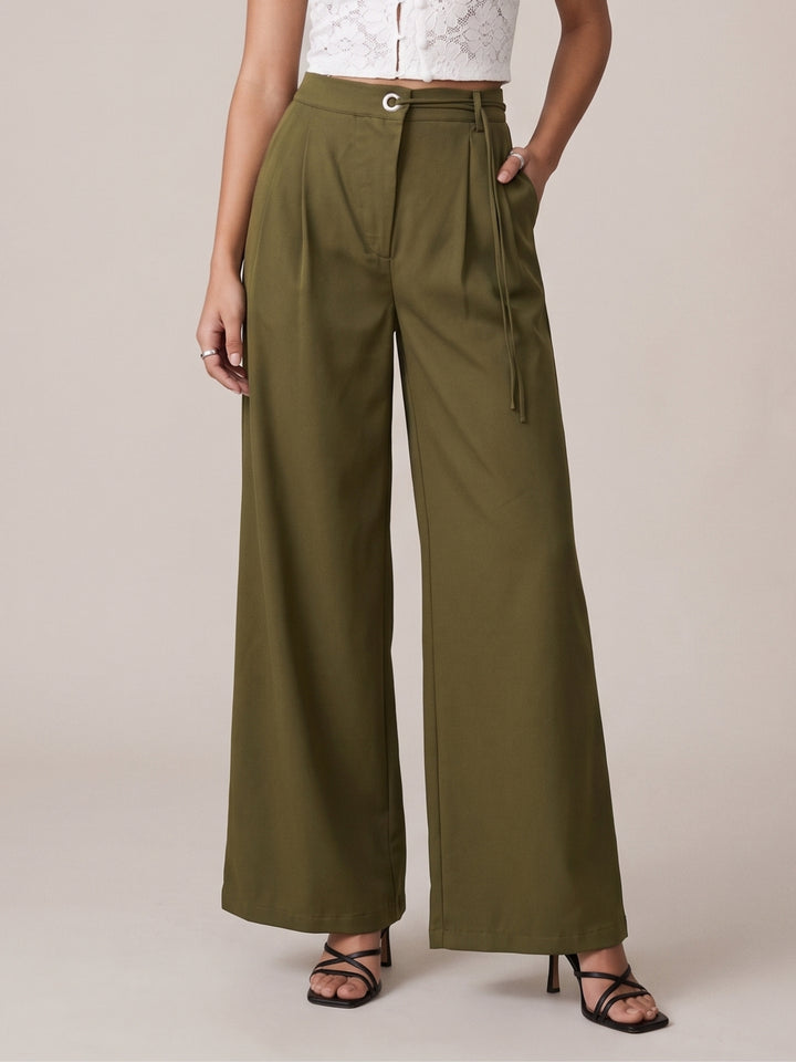 Olive High-Waist Belted Wide Leg Trousers