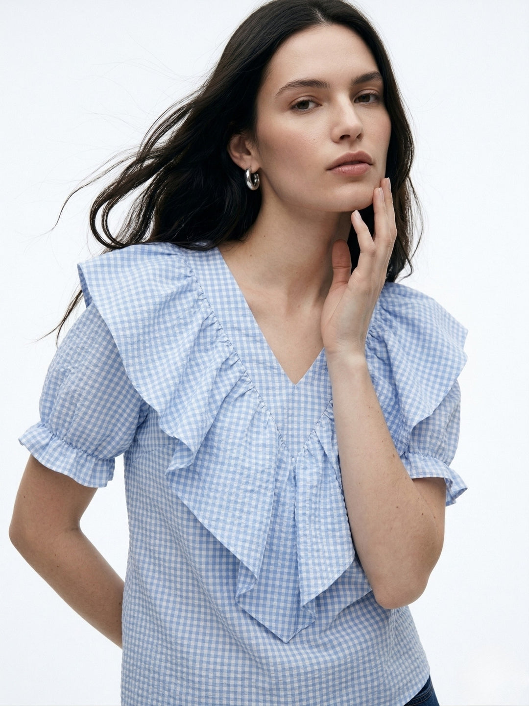 Blue Puff Sleeve Ruffle Neckline Top