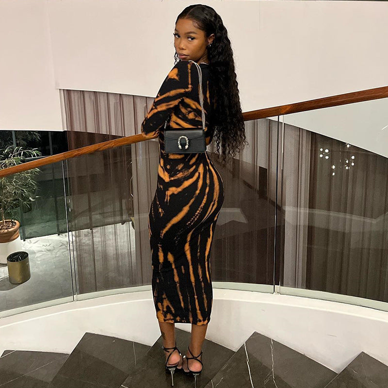 Black Abstract Printed Ribbed Dress