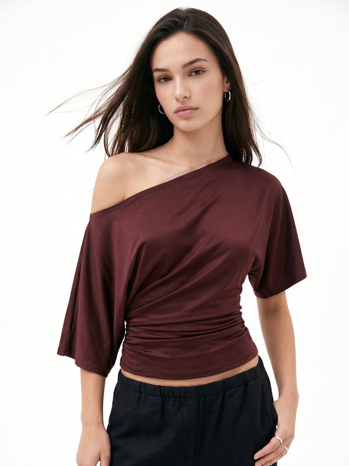 Brown Off-Shoudler Fitted Top
