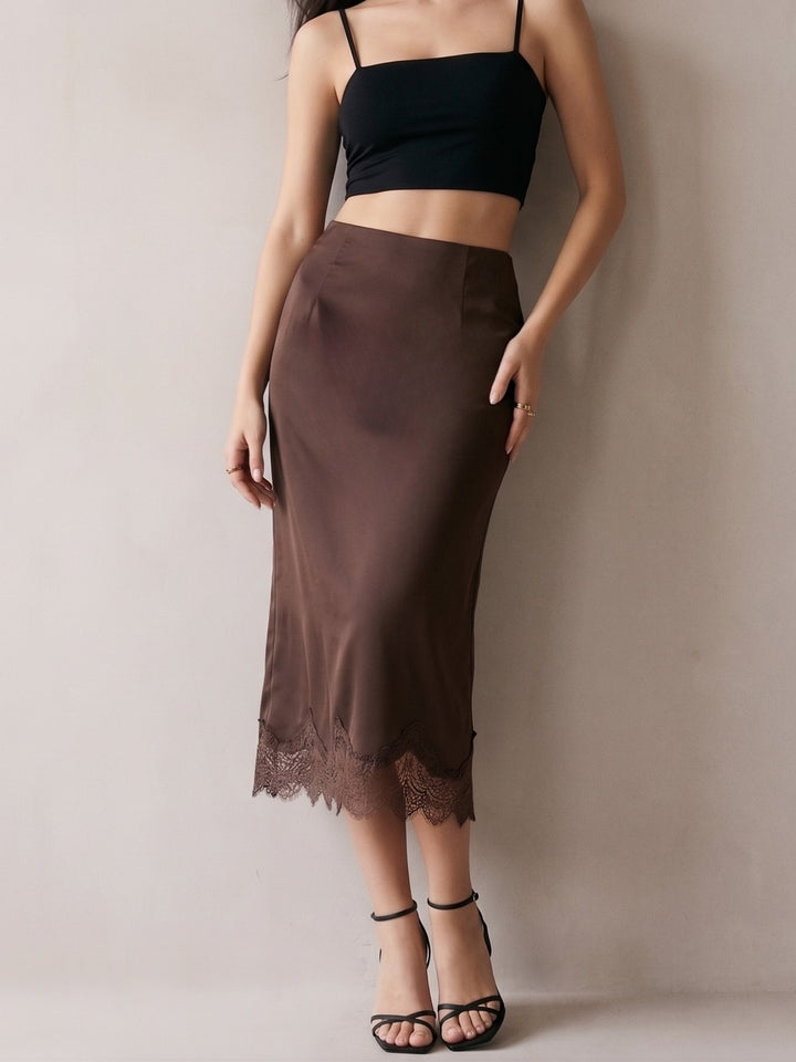Brown High Waist Lace Hem Skirt