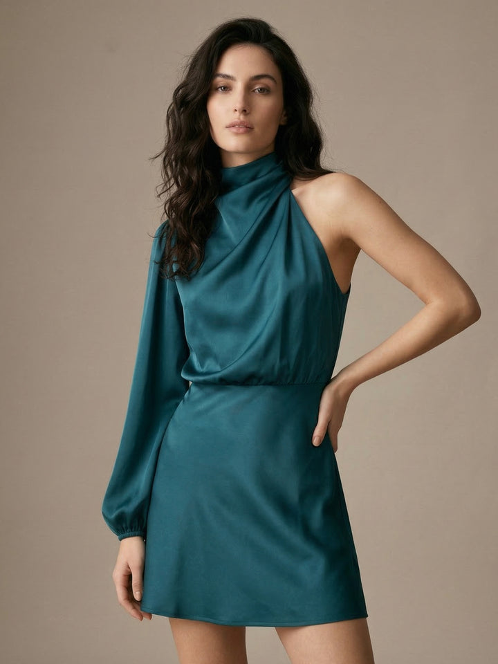 Teal Asymmetrical Neckline Dress
