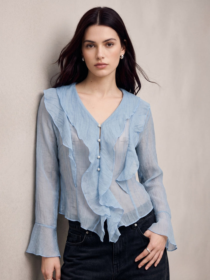 Light Blue Button Down Detailed Blouse With Ruffles