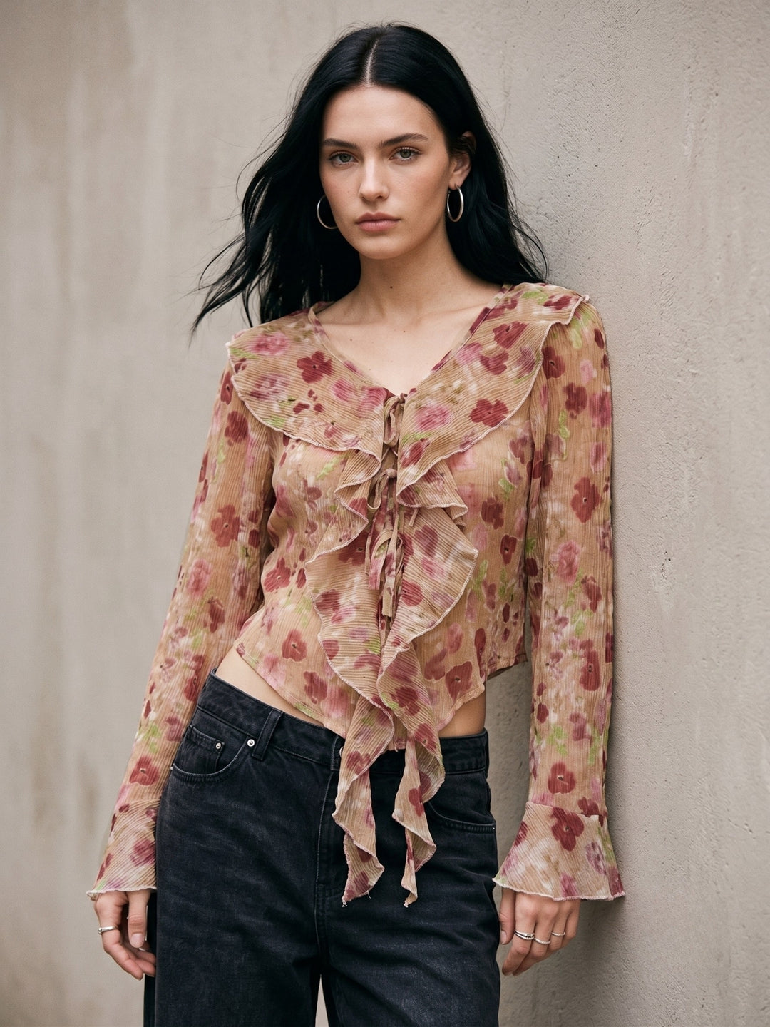 Multi V Neck Printed Blouse With Ruffles