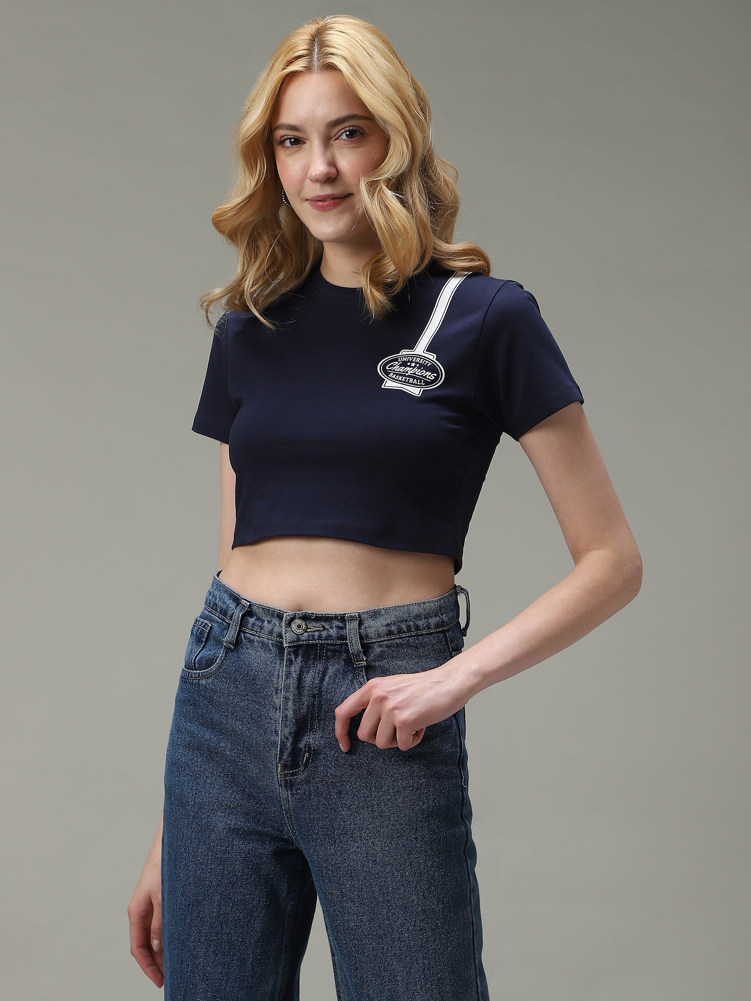 Navy Blue Varsity Graphic Cropped T-Shirt
