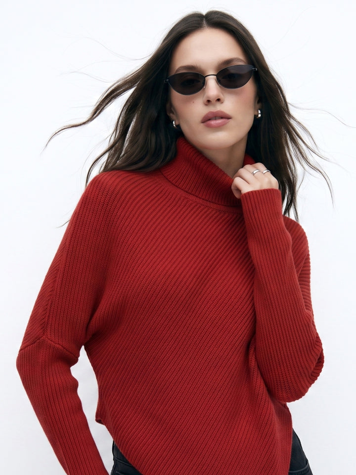 Red Full Sleeve Turtle Neck Asymmetrical Hem Sweater