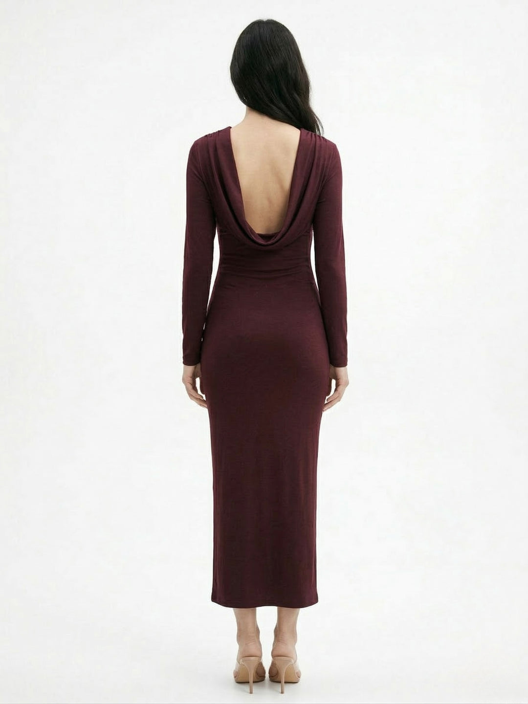 Maroon Boat Neck Side Ruched Thigh High Slit Dress