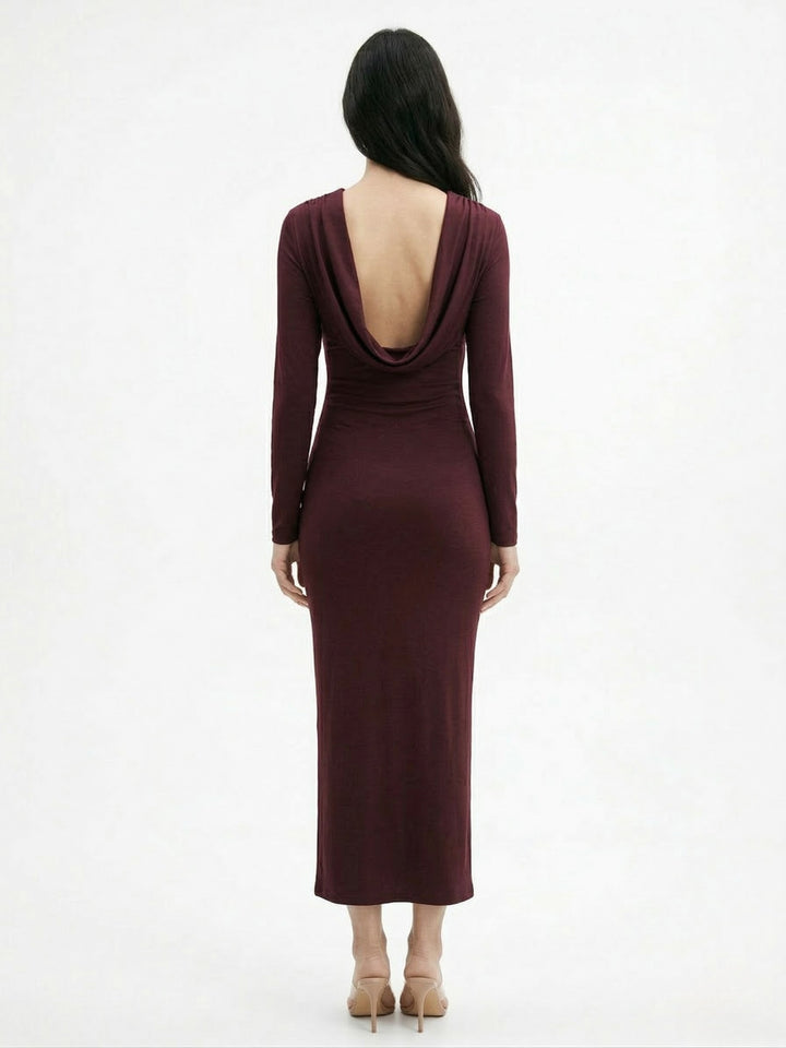 Maroon Boat Neck Side Ruched Thigh High Slit Dress
