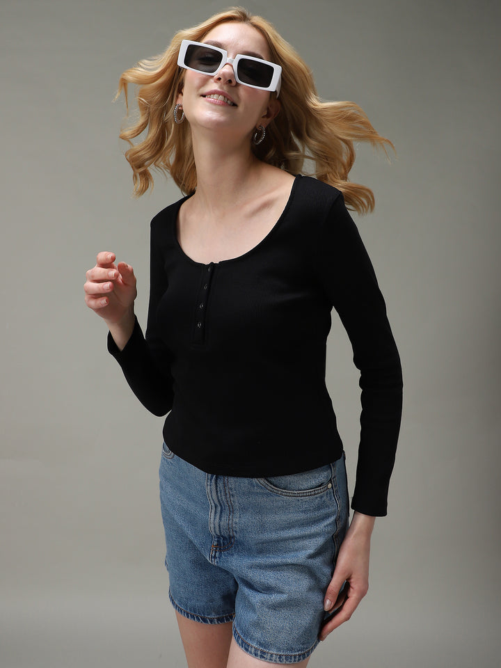 Black Button Down Ribbed Knit Top