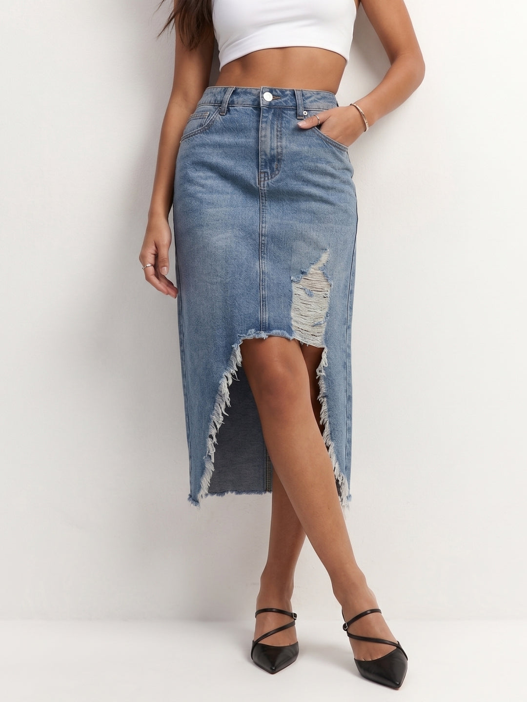 Light Blue Frayed Asymmetrical Hem Skirts
