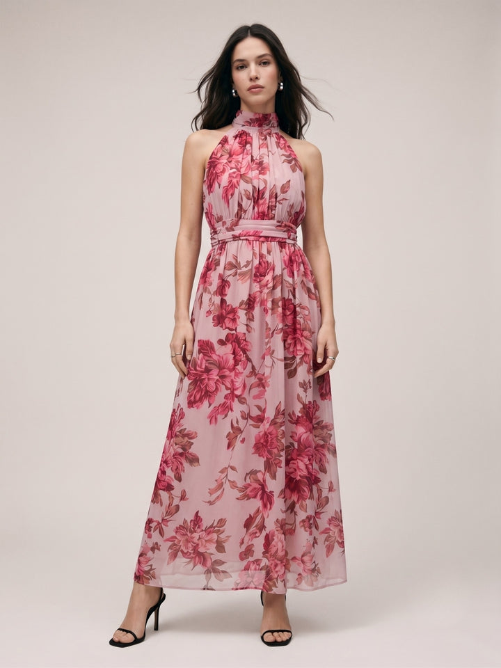 Pink Halter Neck Printed Dress With Cinched Waist