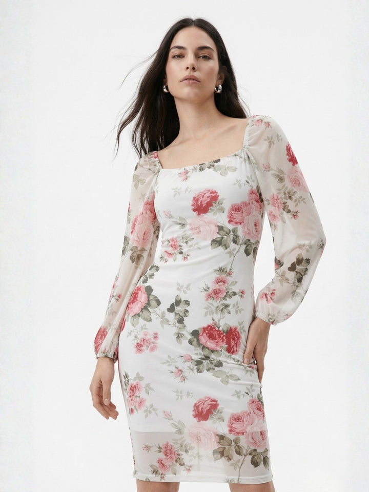 Off White Bishop Sleeve Square Neck Floral Printed Dress