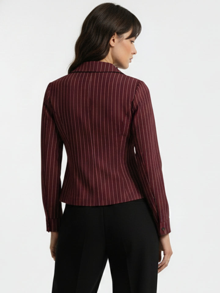 Burgundy V Neck Striped Shirt With Lace Empire Seam