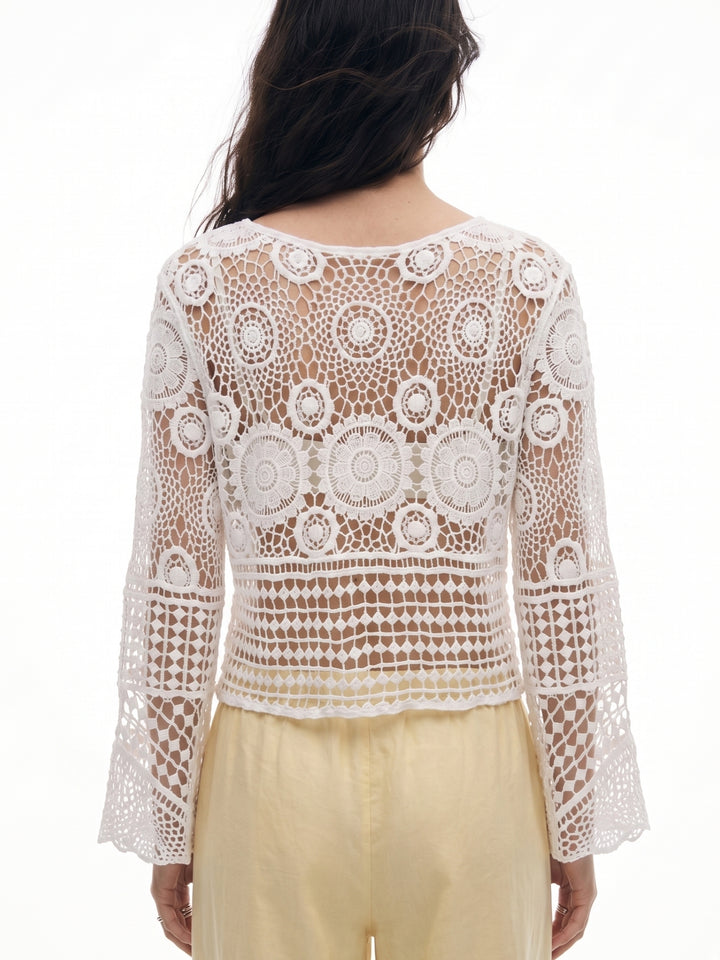 Off White Front Tie-Up Bell Sleeve Crochet Top