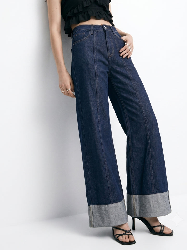 Dark Blue Folded Hem Wide Leg Jeans
