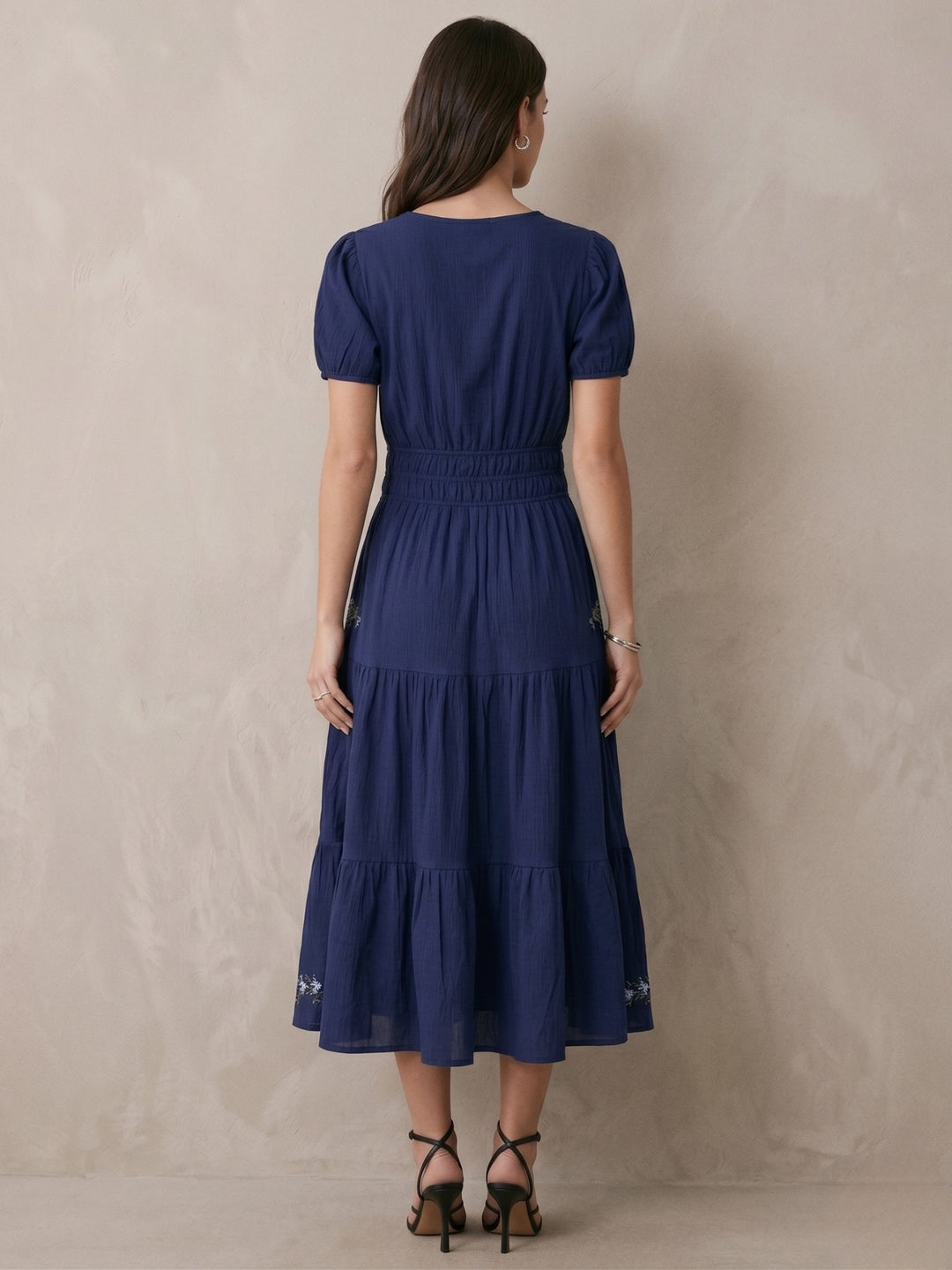 Navy Blue Embroidered V-Neck Short Sleeves Dress