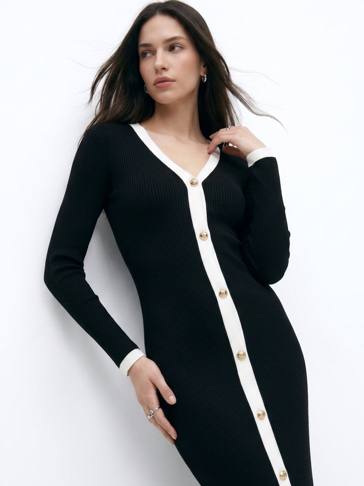 Black Contrast Placket Button Down Dress